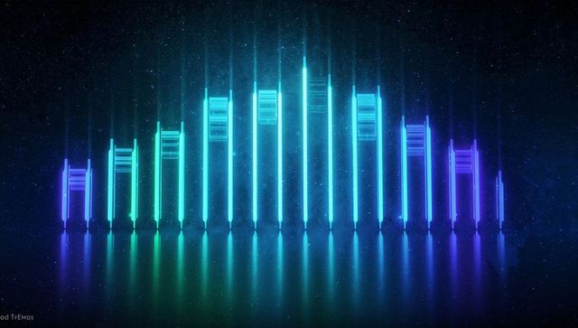 Futuristic neon equalizer bars with digital panels under starry sky