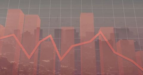 Urban Skyline with Financial Graph Overlay in Red Tones