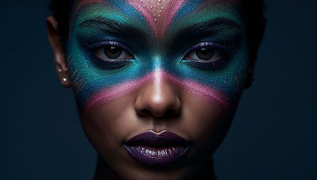 Butterfly face paint on dark skin wearing bold glitter makeup closeup portrait