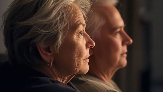 Senior woman and companion sitting side by side gazing softly, intimate warm moment