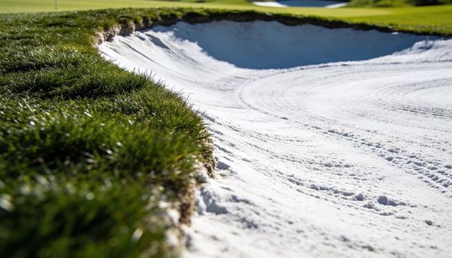 Raked sand bunker with grassy lip curving into sunlit golf green, textured turf closeup