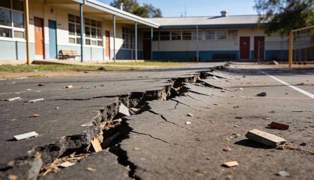Jagged asphalt fissure cutting across school playground after earthquake damage