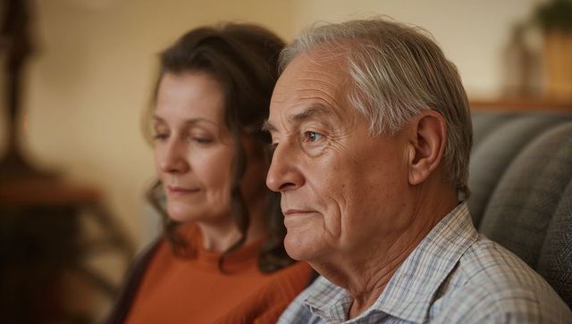 Senior couple sitting on living room sofa sharing reflective moment, man gazing forward