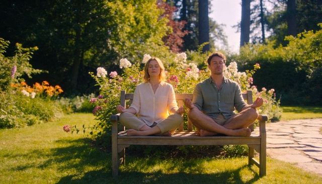 Meditating couple sitting on garden bench surrounded by flowering shrubs and sunlight