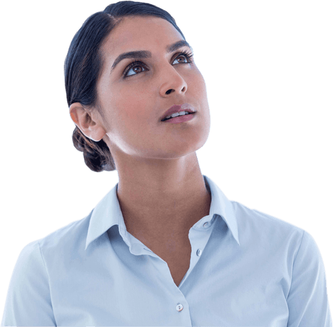 thoughtful transparent businesswoman gazing up wearing blue shirt - Download Free Stock Videos Pikwizard.com