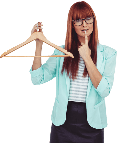 Hipster woman holding transparent clothes hanger in thoughtful pose