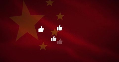 Chinese flag overlay with thumbs-up icons digital design