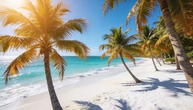 Sunlit leaning palm trees on white sand beach with turquoise ocean and long shadows