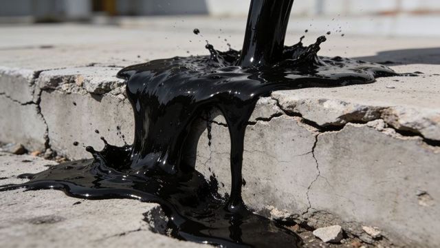 Pouring glossy black bitumen splashing over sunlit cracked concrete edge