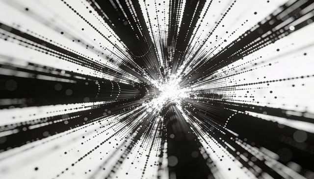 Monochrome radial data burst radiating dotted particle trails with glowing central core