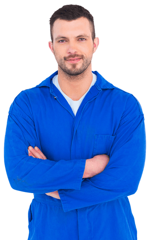 Confident Male Mechanic in Blue Overalls on Transparent Background - Download Free Stock Videos Pikwizard.com