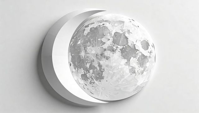 Faceted moon orb nesting in crescent wall relief sculpture casting soft shadow