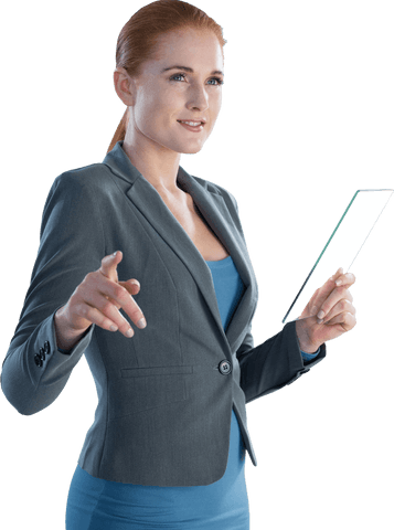 Transparent businesswoman using futuristic glass interface