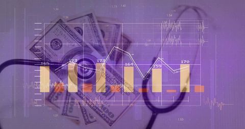 Medical Finance Tracking healthcare costs with stethoscope on US dollar bills and charts