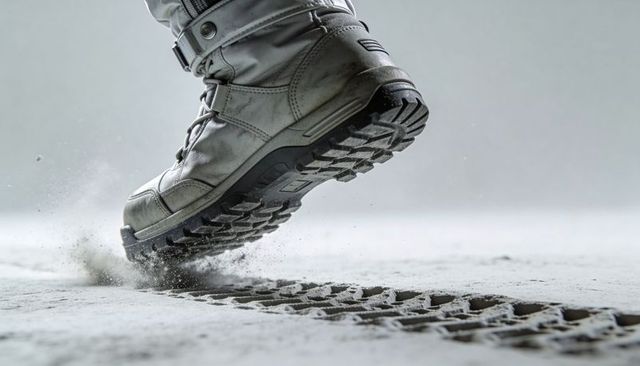 Tactical boot kicking up dust leaving deep tread imprint on powder grey surface closeup