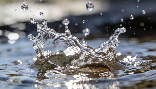 Small fish creating crown splash with shimmering droplets and bokeh reflections