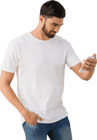 Transparent Image of Man Looking at Mobile Phone in Casual Outfit