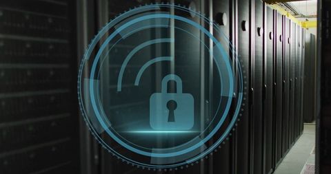 Futuristic cybersecurity in modern data center with overlay padlock icon