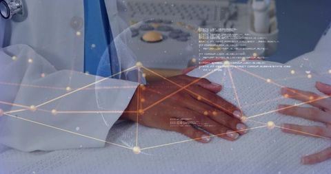 Doctor placing hand on patient abdomen for ultrasound exam with digital network overlay