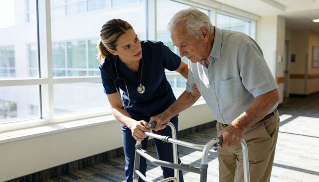 Nurse guiding senior man with walker in hospital corridor, compassionate mobility support