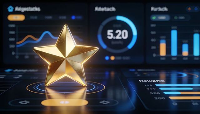Glowing gold star trophy floating over futuristic holographic dashboard
