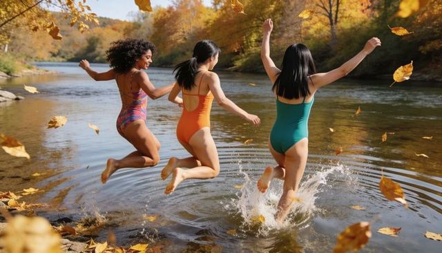 Three friends jumping into river in colorful swimsuits amid falling autumn leaves
