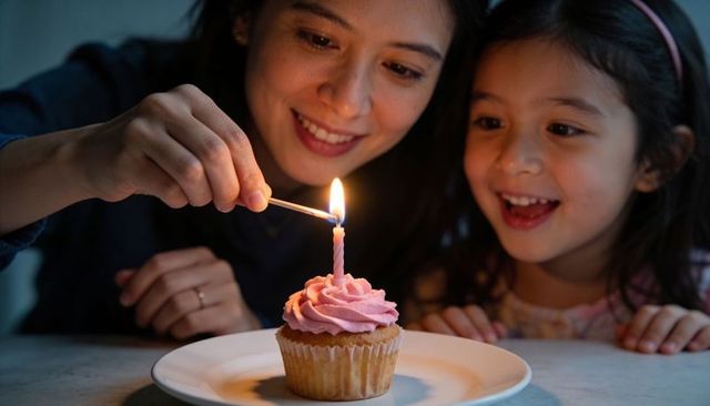Asian mother lighting birthday cupcake candle while daughter watches with delight