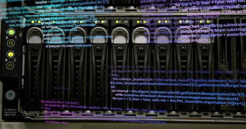 Server rack with code overlay in data center highlighting data processing