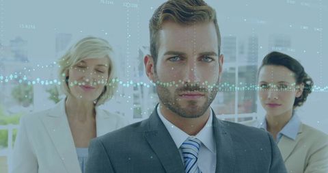 Confident Business Executive Standing in Front of Team with Digital Data Overlay
