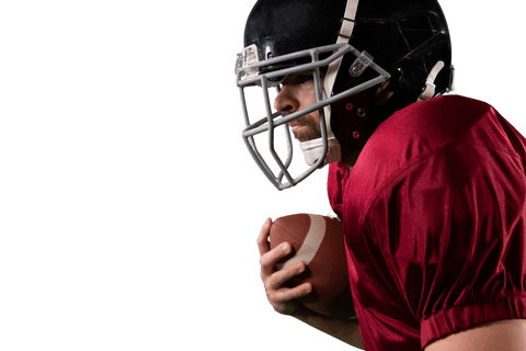 Caucasian football player strategizing with football on transparent