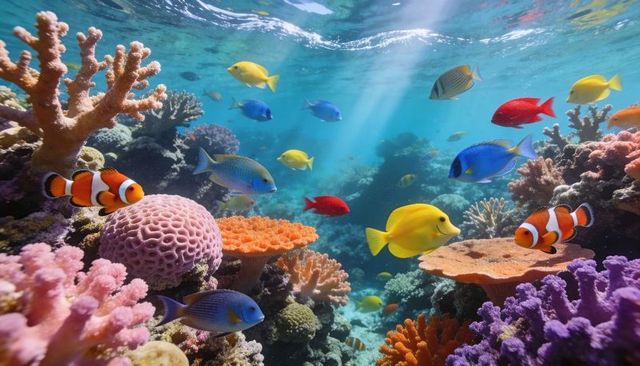 Vibrant sunlit tropical coral reef showcasing clownfish, yellow tang, diverse reef life