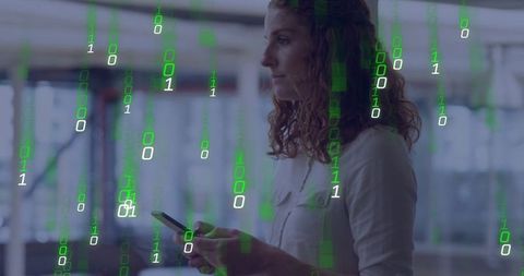 Professional Holding Smartphone with Digital Binary Code Overlay