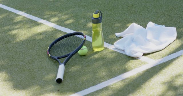 Tennis equipment including a racket, ball, water bottle, and towel sitting on a grassy tennis court. This scene suggests preparation for or a break during a tennis match. Ideal for advertising sports gear, fitness brands, or promoting active and healthy lifestyles. Useful for fitness blogs, sports training programs, and hydration commercials.