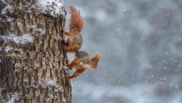 Two red squirrels clinging to snowy tree trunk with tufted ears, falling snow, winter