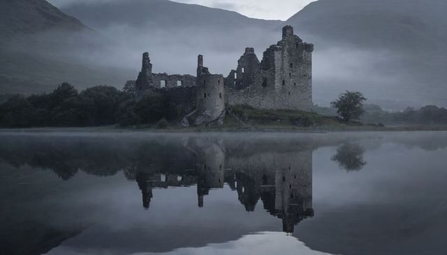 Misty loch reflecting towering ruined castle and lone tree, ruin silhouetting hills
