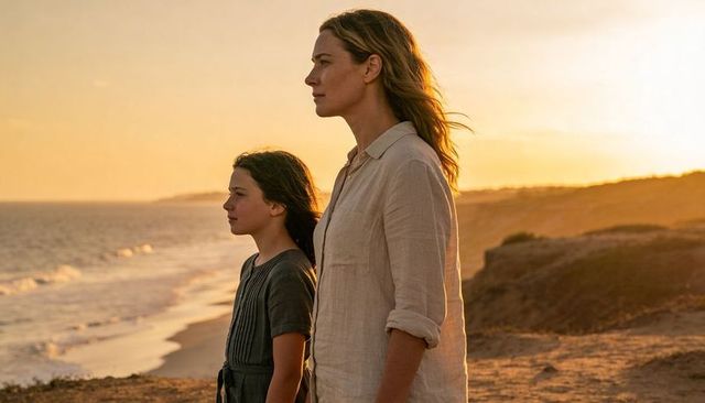Mother and daughter standing on cliff gazing at ocean sunset, backlit golden light