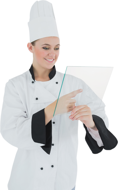 Transparent Smiling Female Chef Holding Glass Pane and Exploring Display - Download Free Stock Videos Pikwizard.com