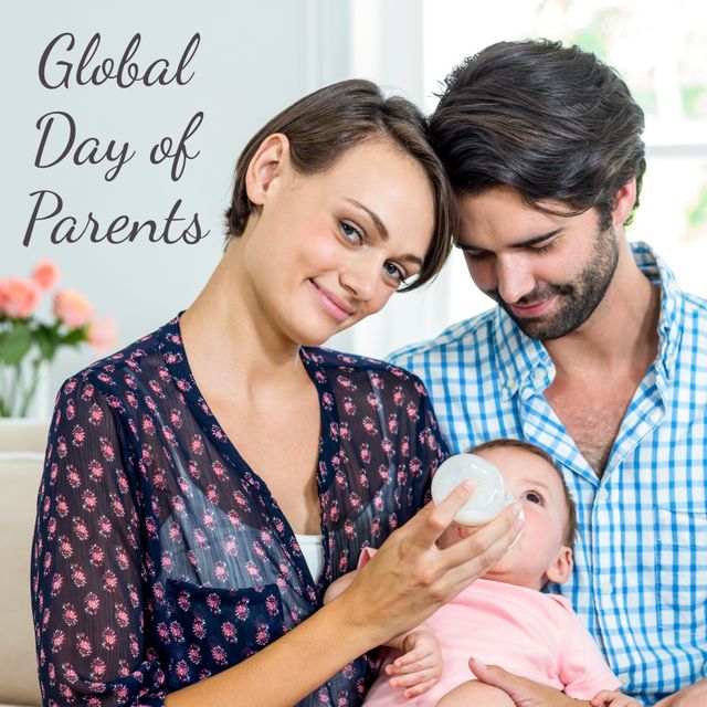 Digital composite image of global day of parents text by caucasian parents feeding milk to baby. care, family, togetherness and bonding concept.