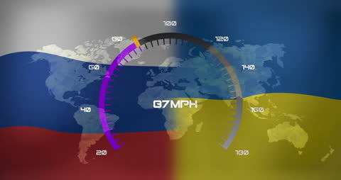 Speedometer Displaying 97 MPH with Russian and Ukrainian Flags