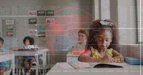 Young girl writing at classroom desk with digital timeline overlay 2009-2016