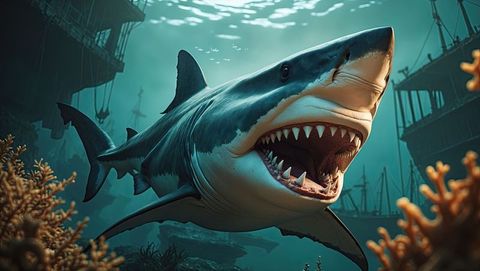 Massive predatory megalodon shark in mysterious underwater shipwreck