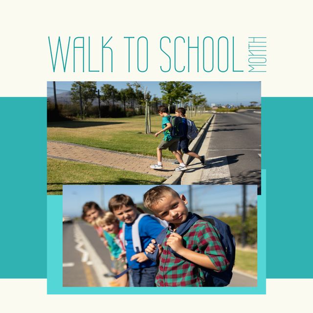Collage of multiracial boys crossing road and boys looking at vehicle with walk to school month text. Composite, togetherness, childhood, education, healthcare, fitness and active lifestyle concept.