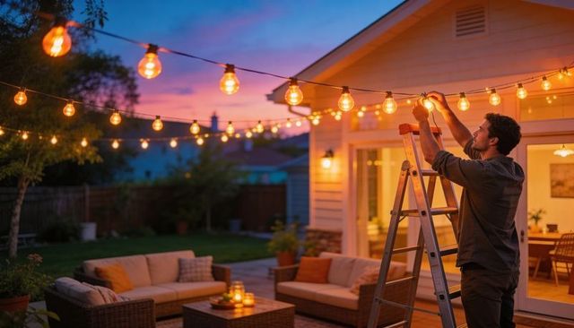 Man on ladder hanging warm globe string lights over cozy backyard patio for outdoor entertaining