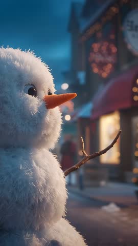 Vertical video capturing winter street with fluffy snowman and glowing holiday windows