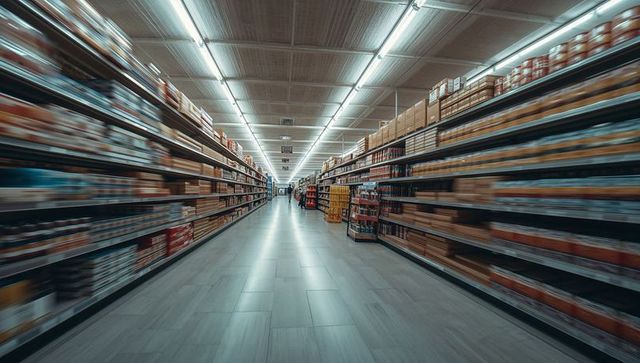 Warehouse store aisle with shoppers blurred in motion