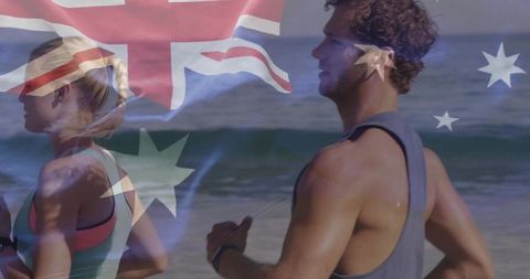 Couple Exercising on Sunny Beach with Australian Flag