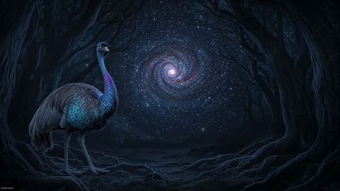 Ethereal emu stands beneath cosmic spiral in mysterious forest