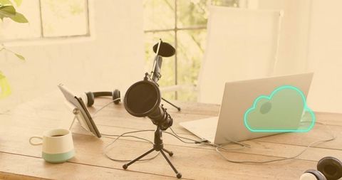 Recording podcast in minimalist home workspace with condenser microphone and cloud sync
