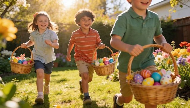 Children running with easter baskets full of colorful eggs in sunlit backyard garden
