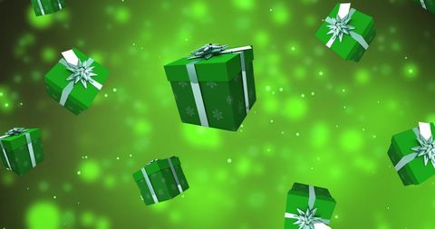 Floating green gift boxes on festive green background